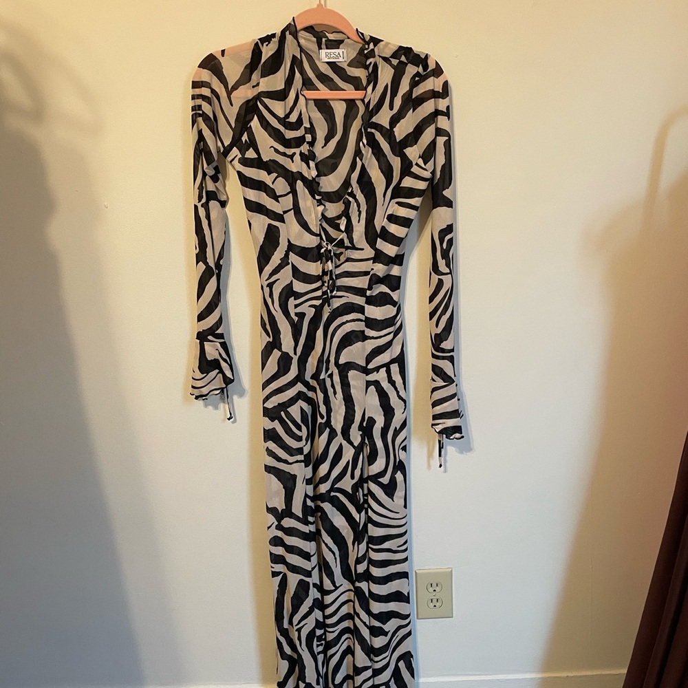 RESA Zebra-Print Long Sleeve Maxi Dress in Cream and Black